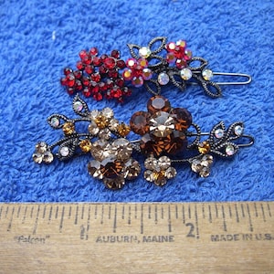 TWO Nice Crystal Mounted HAIR BARETTES-Clip Backs-Red and Brown Stones