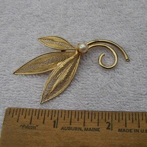 SALE-Vintage Gold Tone FILIGREE LEAVES Pin with Pearl-Unsigned-2 3/8 Inches