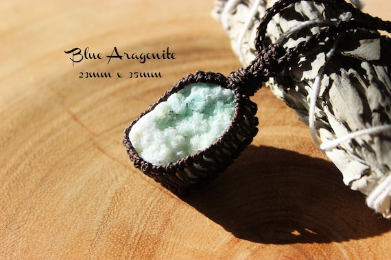Macrame Blue Aragonite Necklace: Crystal Cluster Pendant.