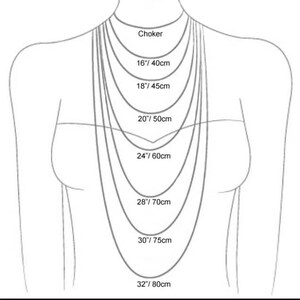 K&ouml;nnte beinhalten: Ein Diagramm, das verschiedene Halskettenl&auml;ngen in Zoll und Zentimetern zeigt. Die L&auml;ngen sind: Choker, 16 Zoll/40 Zentimeter, 18 Zoll/45 Zentimeter, 20 Zoll/50 Zentimeter, 24 Zoll/60 Zentimeter, 28 Zoll/70 Zentimeter, 30 Zoll/75 Zentimeter und 32 Zoll/80 Zentimeter.