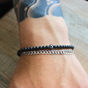 Black Evil Eye Bracelet, Protection Evil Eye Bracelet for Him, Onyx Bead Bracelet Men, Stretch Bracelet Gift, 4mm 6mm Evil Eye Bracelet