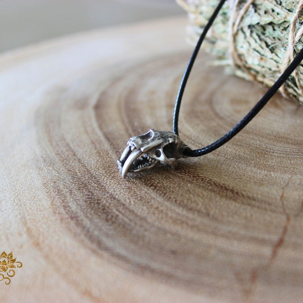 Silver Animal Skull Necklace, Sabre Cat  Pendant Necklace, Sabre Toothed Cat Pendant Cord Necklace, Tiger Necklace, Mens Jewelry, Necklace