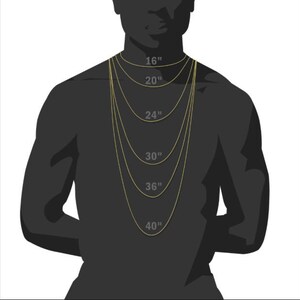 K&ouml;nnte beinhalten: Eine Silhouette einer Person, die eine goldene Kettenkette mit verschiedenen L&auml;ngen tr&auml;gt, die in Zoll gekennzeichnet sind: 16", 20", 24", 30", 36" und 40".