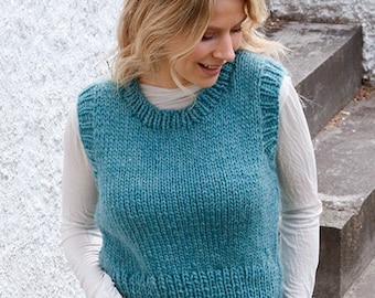 Knit wool vest, short vest round neck, chunky knitwear, gift for her