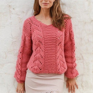 Knitted DROPS jumper with v neck, lace pullover, sweater Alpaca Silk, hand knit sweater, low price