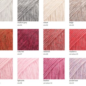 May include: A collection of yarn samples in various colors, including off-white, pearl grey, medium grey, wheat, beige, and brown. Other colors include yellow, orange, ruby red, red brick, raspberry, coral reef, rose, pink, light pink, heather, purple haze, and navy blue.