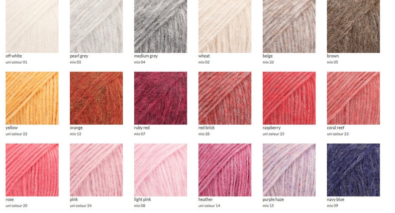 May include: A collection of yarn samples in various colors, including off-white, pearl grey, medium grey, wheat, beige, and brown. Other colors include yellow, orange, ruby red, red brick, raspberry, coral reef, rose, pink, light pink, heather, purple haze, and navy blue.