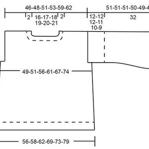 May include: A black and white diagram of a garment pattern, likely for sewing or knitting. The pattern includes measurements in inches, with lines and labels indicating various dimensions and shapes of the garment pieces. The design appears to be for a top or shirt.