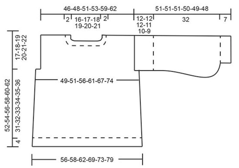 May include: A black and white diagram of a garment pattern, likely for sewing or knitting. The pattern includes measurements in inches, with lines and labels indicating various dimensions and shapes of the garment pieces. The design appears to be for a top or shirt.