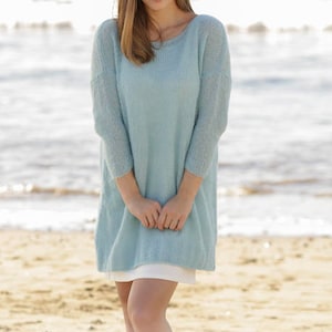 Knitted woman jumper long sweater with 3/4   sleeves in DROPS Brushed Alpaca Silk