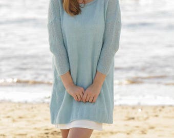 Knitted woman jumper long sweater with 3/4   sleeves in DROPS Brushed Alpaca Silk