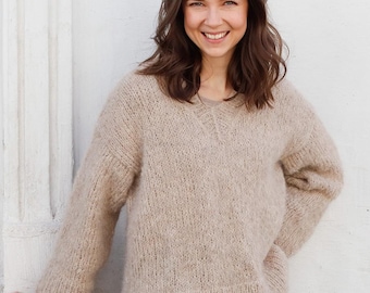 Handmade Alpaca Silk V neck, Knit Sweater, Made to Order