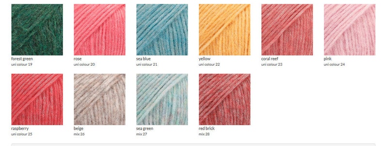 May include: A collection of yarn skeins in various colors, including forest green, rose, sea blue, yellow, coral reef, pink, raspberry, beige, sea green, and red brick. Each skein is labeled with its color name and a corresponding number.