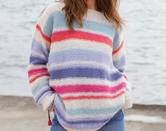 Knit jumper, oversized sweater, alpaca silk, handmade, with stripes in many colors, low price, gift for her, women sweater, pullover