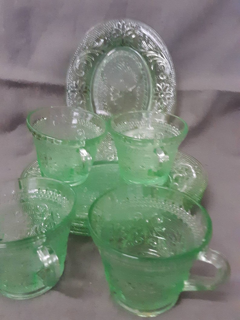 Tiara Glass Chantilly Green Snack Set with Cup Indention on Etsy