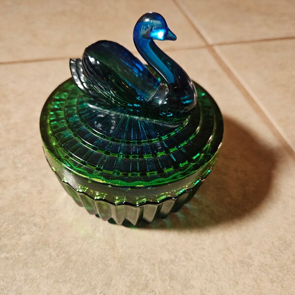 Jeanette Glass Blue and Green Swan Powder Jar, Vanity Dresser Box, Trinket Dish,  Lipstick Holder.  Bin #97F