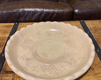 Vintage Scalloped Edge Deep Dish Pie Plate with Embossed Fruit Design, Apples, Strawberries, and Grapes Pattern.  Bin 92AE
