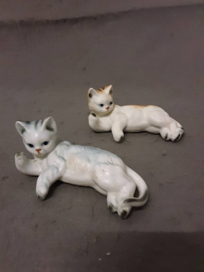 Tan and Beige Cat and Grey and Beige Cat with Grey Stripes Enesco Cat Relaxing Cat Figurines