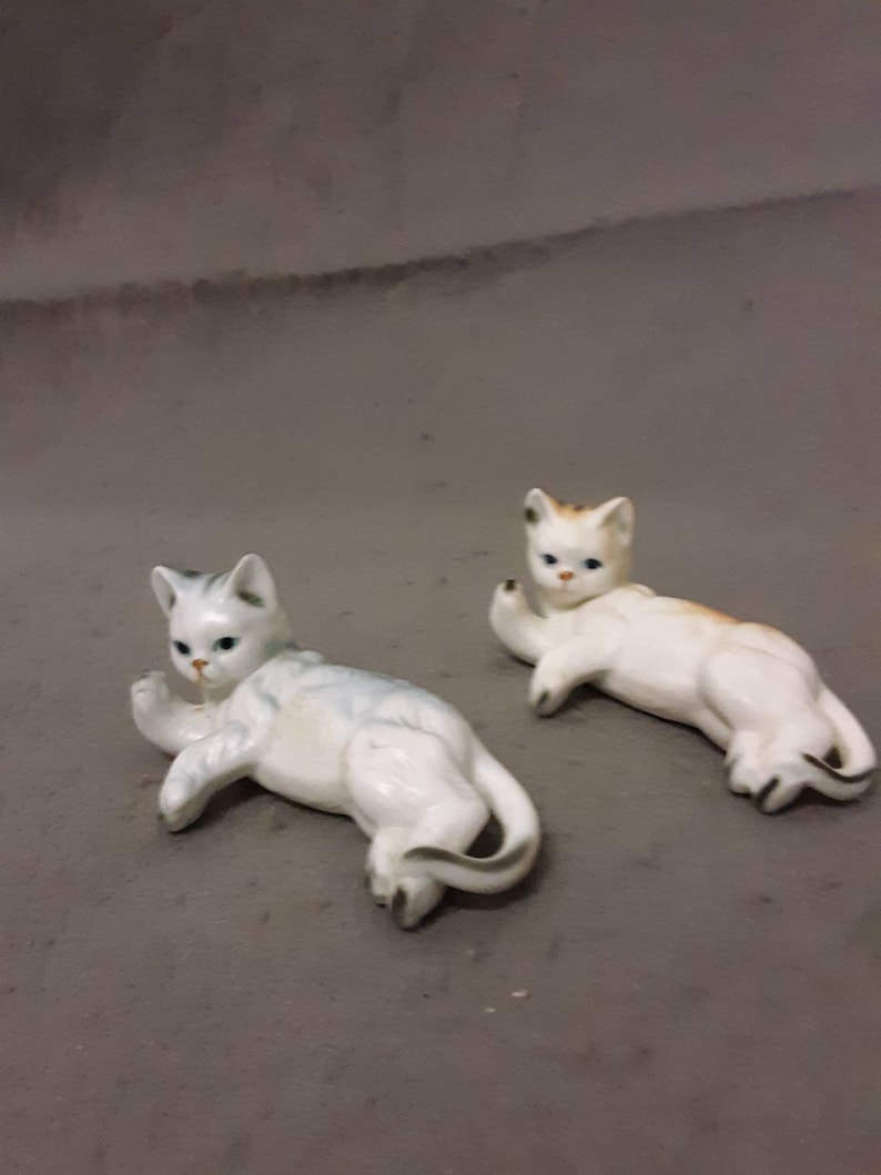 Tan and Beige Cat and Grey and Beige Cat with Grey Stripes Enesco Cat Relaxing Cat Figurines