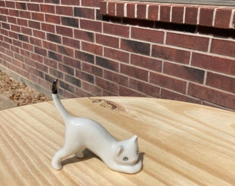 Porcelain White Cat Figurine with Black Tip Tail, Cat Ring Holder, Playful Kitty, Home Decor, Gift, Cat Lovers Cat Figurine