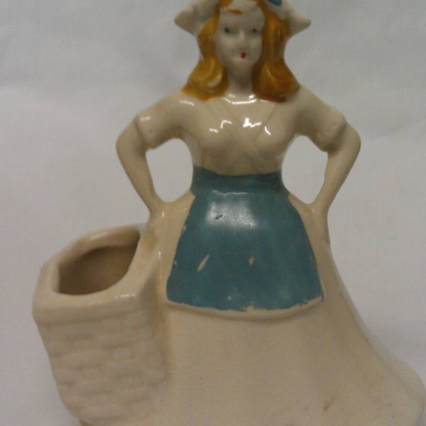 Vintage Pottery Lady with Basket and Blue Apron Holder- Vase - Planter