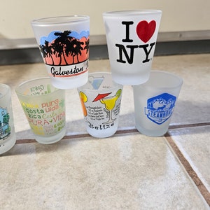 Shot Glasses Frosted Tint - Belize, I Love New York,  Galveston Island,  Steamboat CO, Charleston, Make Your Selection @ 5.00 each. BIN# 70