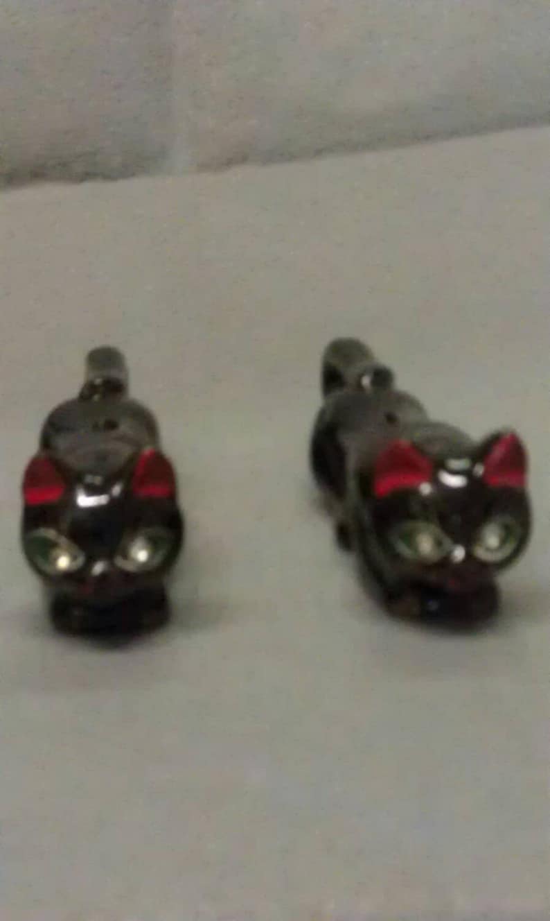 Vintage Black Cats with Red Ears and Green Eyes Salt and Pepper Shaker Set