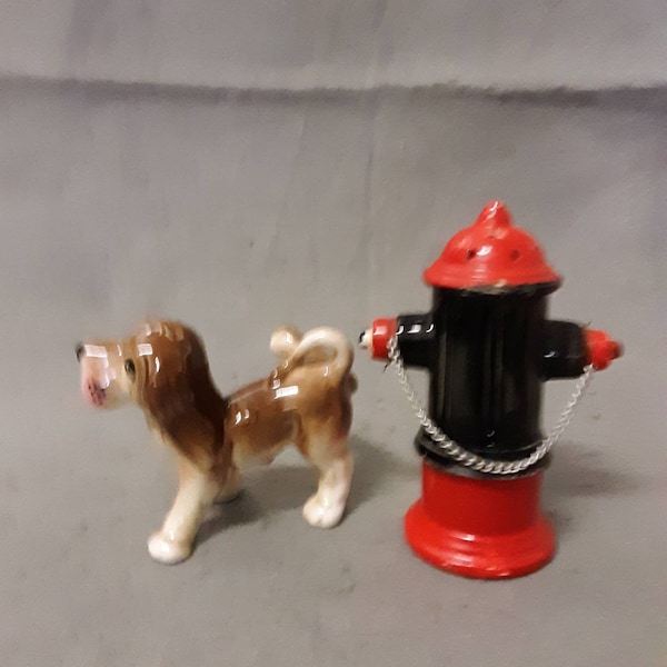 Tan Brown and Beige Dog with Red and Black Fire Hydrant Thames Hand Painted Japan Salt and Pepper Shaker Set