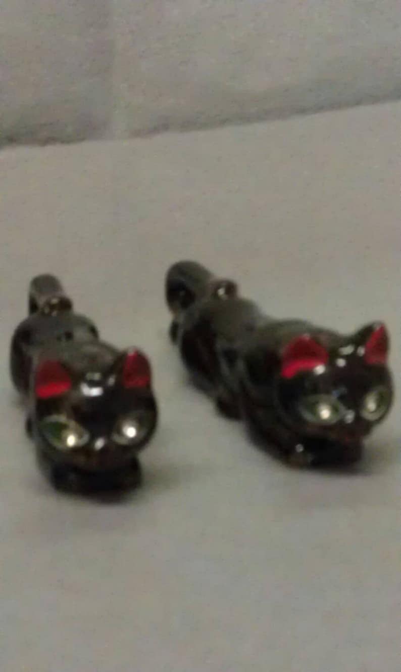 Vintage Black Cats with Red Ears and Green Eyes Salt and Pepper Shaker Set