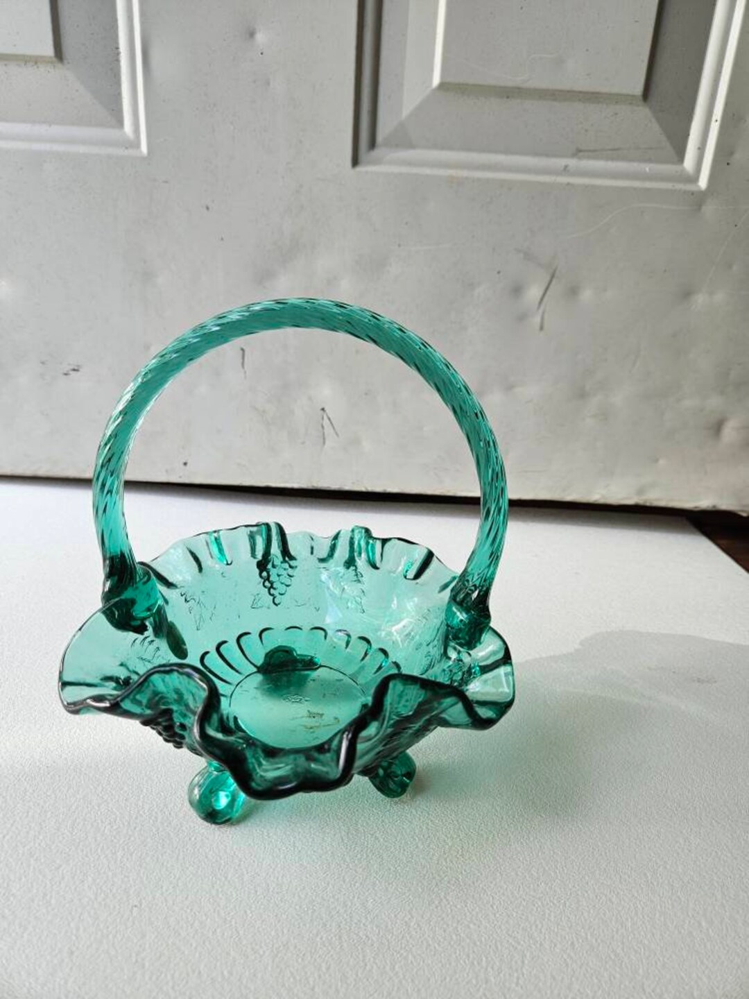 Fenton Glass Basket Footed Ruffle Edge Grapes and Leaves Fenton Handmade in USA Sticker Fenton