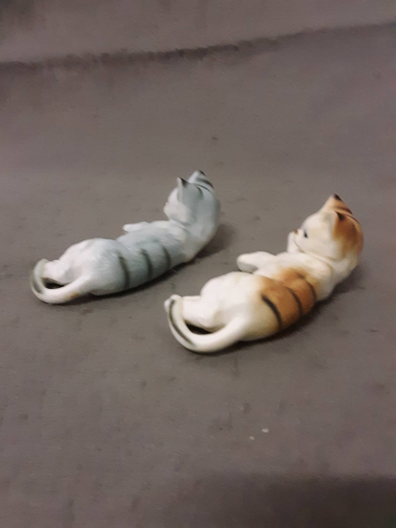 Tan and Beige Cat and Grey and Beige Cat with Grey Stripes Enesco Cat Relaxing Cat Figurines