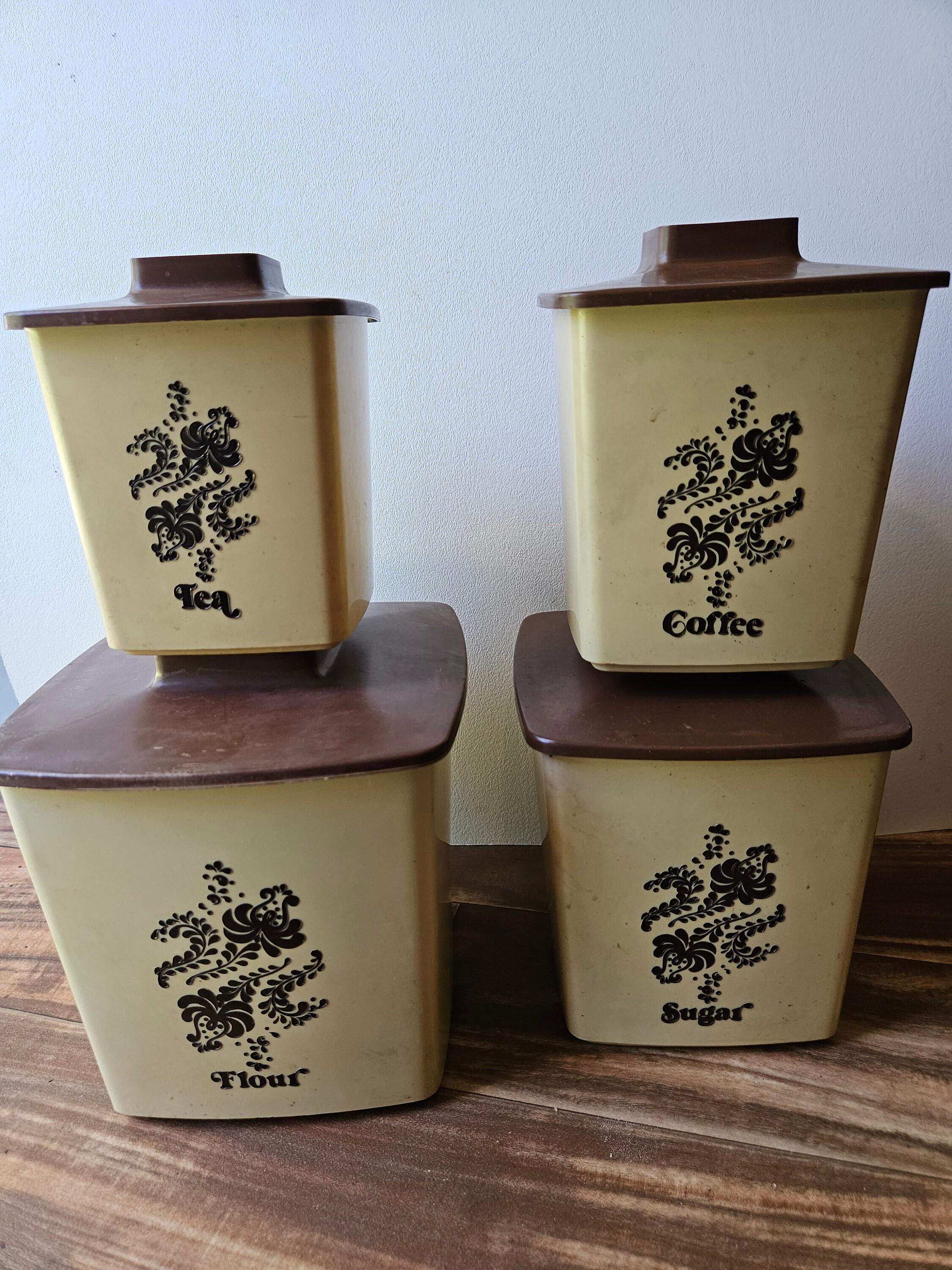 Vintage Plastic 4 Canister Set Flour Sugar Coffee Tea Brown Beige Nesting  MCM