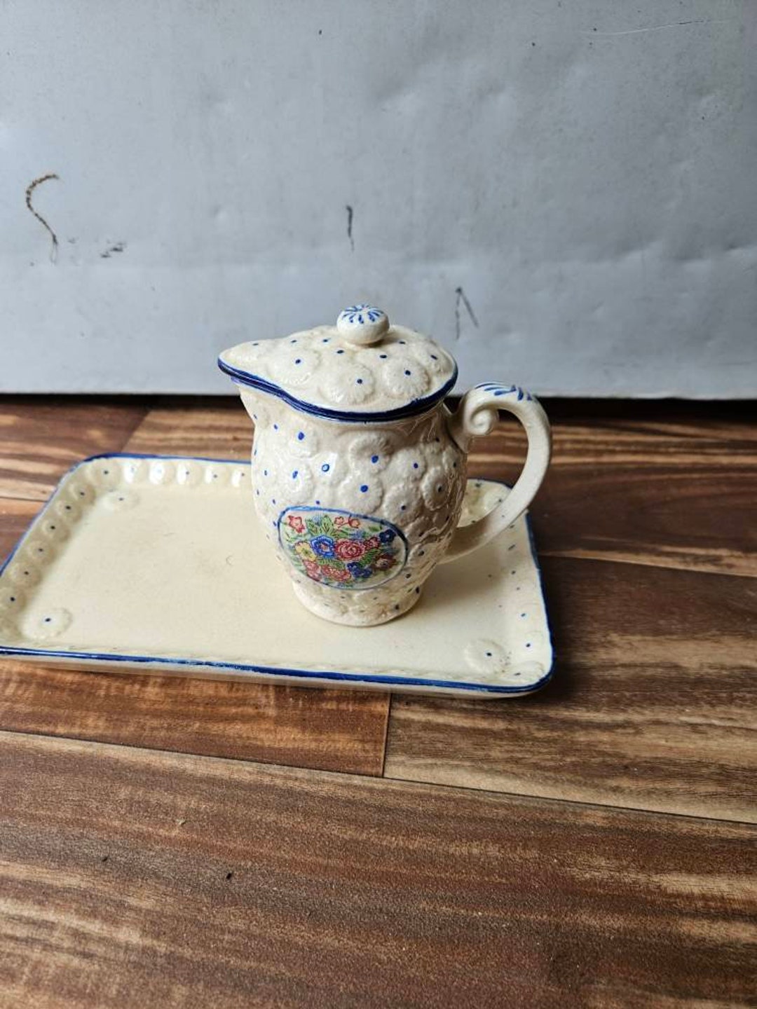 Vintage Creamer Pitcher With Lid and Tray Ivory With Blue Dots Etsy