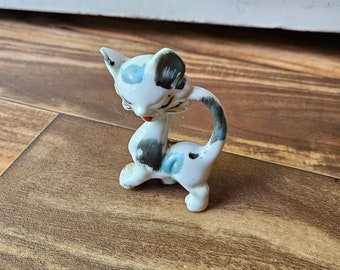Off White Cat with Grey and Turquoise Spots Standing Sleeping Cat Figurine