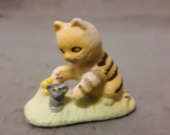 Tan and Beige Cat with Grey Mouse and Flower Cat Figurine