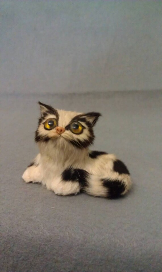 Beige And Grey And Black Stripe Cat With Real Fur With Yellow Etsy