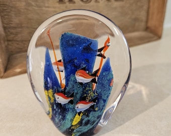 Handcrafted Glass Decorative Paperweight with Ocean Scene, Aqua Blue and Colorful Shades, Heavy.  Bin NN8