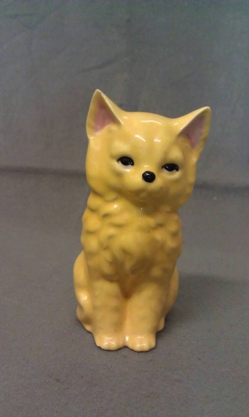 Yellow Cat with Pink Ears Black Eyes and Nose Cat Figurine image 1