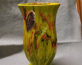 California Original Hand Made Hand Glazed Fine Ceramic Green Tan Brown Glazed Vase