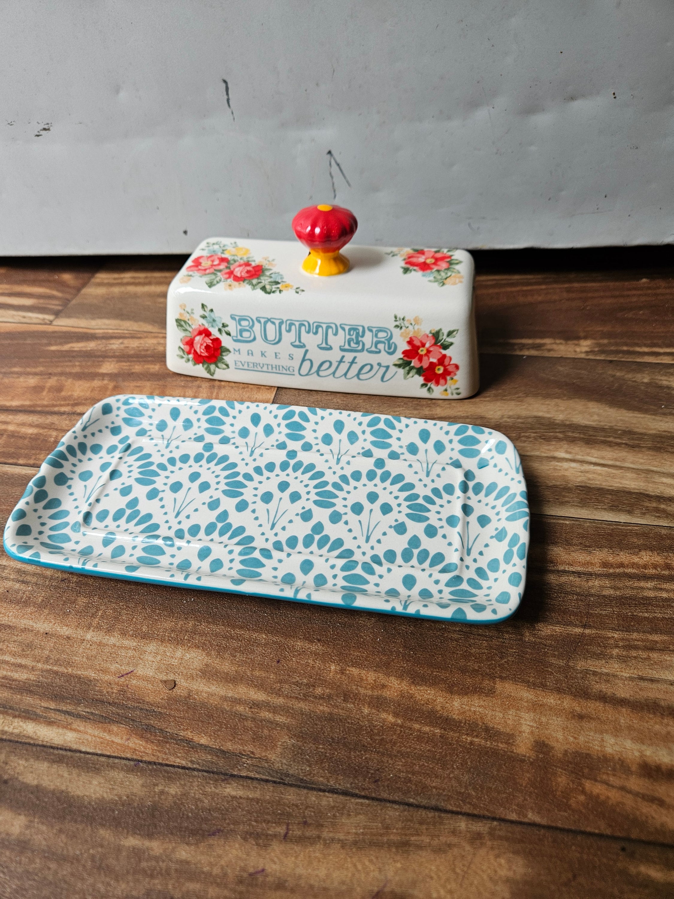 The pioneer woman vintage floral teal butter dish outlet