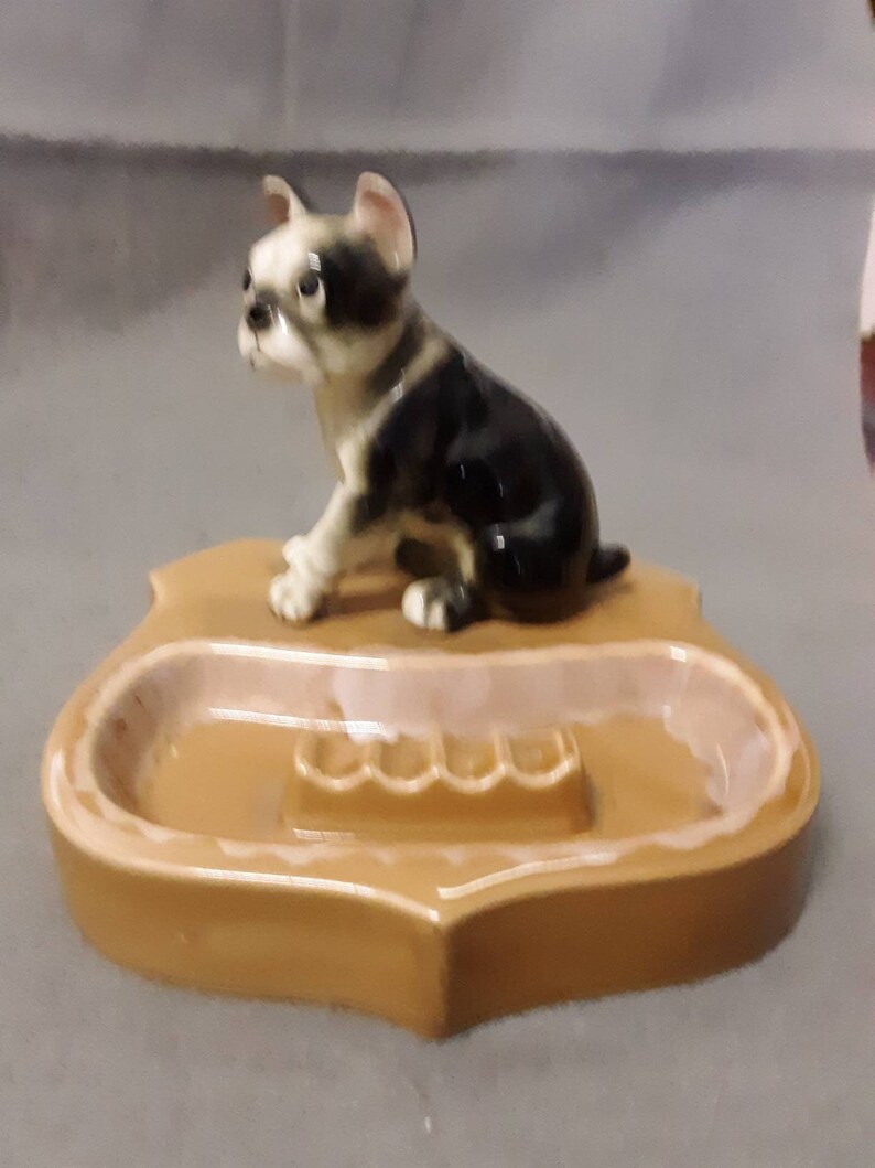 Beige and Grey Black Dog with Pink Looking Ears Colorful Dog on Tan Ashtray