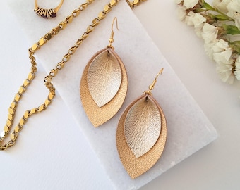 Brincos de folha de couro dourado: brincos pendurados hipoalergênicos
