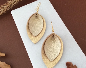 Brincos de folha de couro dourado, joias metálicas para o outono