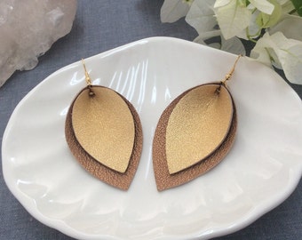 Leather leaf earrings, handmade with luxurious metallic leathers in Dark Gold and Bronze combination, PulpoCreations