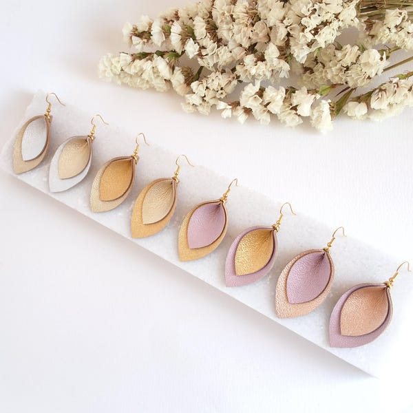 Two-Tone Leather Leaf Earrings: Handmade Metallic Dangles