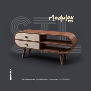 May include: A wooden media console with a rounded oval frame, featuring two light-colored drawers with wood grain texture on the left and two open storage shelves on the right. The unit stands on four tapered legs and includes the text Modular Series.