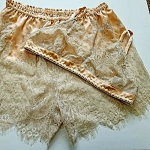 Vintage inspired, apricot and ecru silk satin and French lace, hand made, tap pants and bralette set