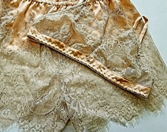 Vintage inspired, apricot and ecru silk satin and French lace, hand made, tap pants and bralette set