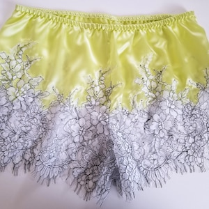 vintage inspired, chartreuse silk satin and French lace, hand made, tap pants