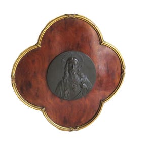 Antique French Sacred Heart Plaque: Ormolu Bronze & Mahogany